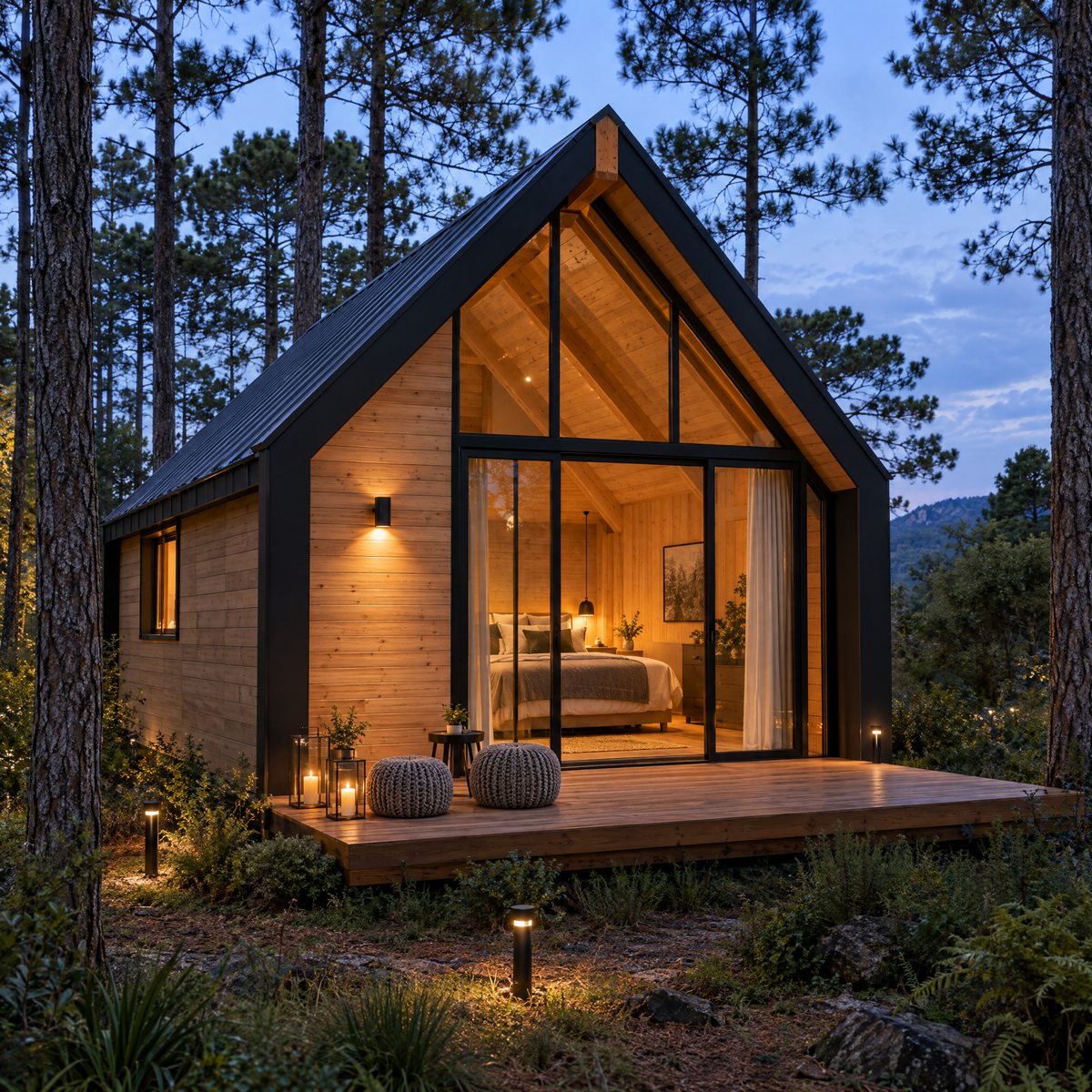 Refúgio Essencial de 33 m², cabana de madeira com fachada de vidro entre araucárias