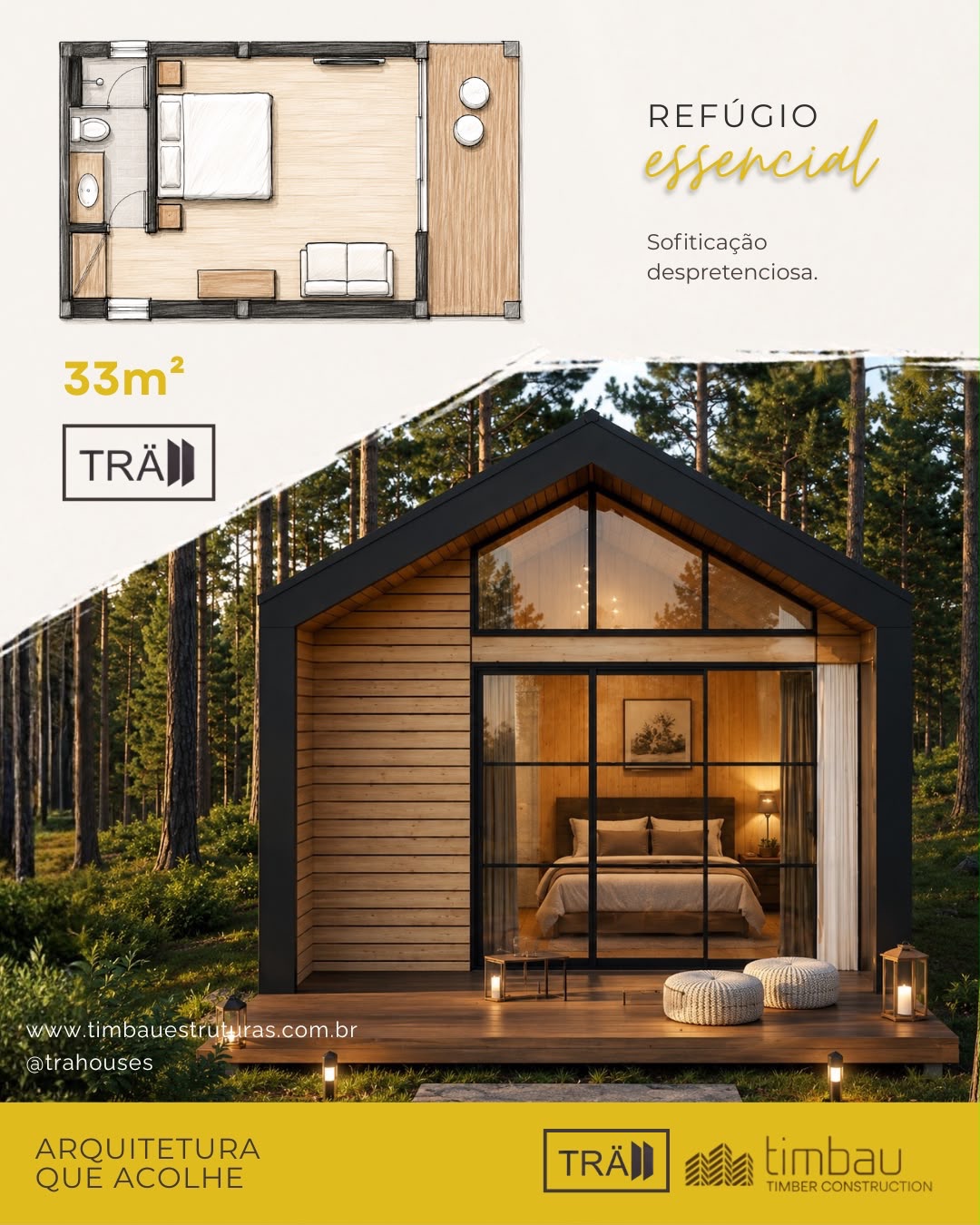 Refúgio Essencial — casa compacta 33m² em madeira engenheirada